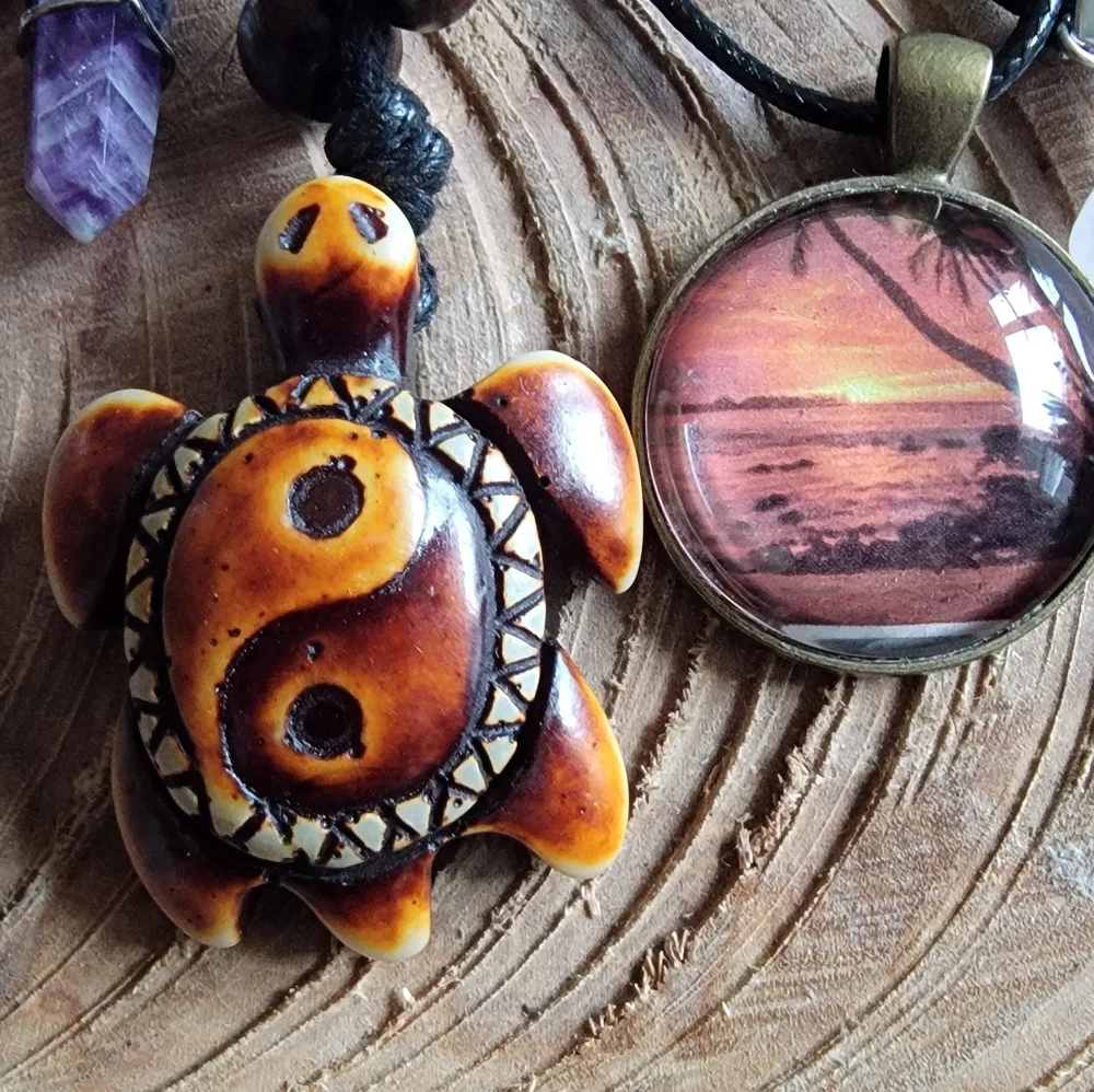 Boho Turtle Resin Pendant Necklace & Stone Necklace Set Of 7 - Picture 3 of 6